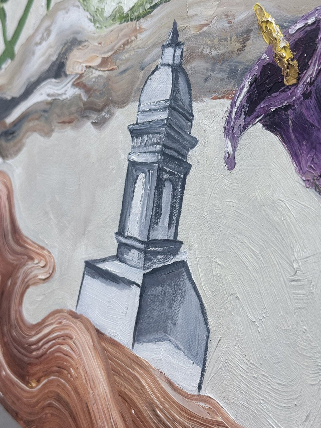 Close-up of the painted church tower