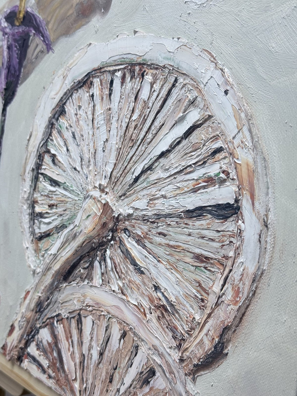 Close-up of the thick palette-knife texture in the mushroom gills