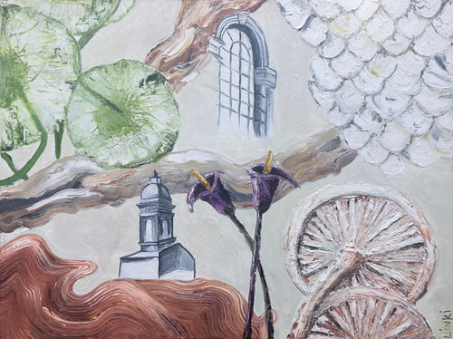 Painting by Linki Raubenheimer of purple calla lilies among a church tower, an arched window, driftwood and textured shell shapes