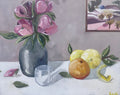 Still life painting by Linki Raubenheimer of pink flowers in a grey vase with a glass and citrus fruit on a white table